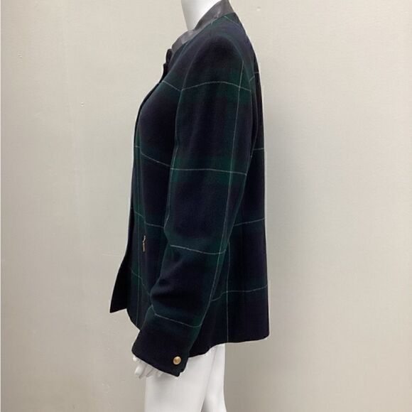 VINTAGE BASLER plaid blazer with leather trim size 4 - Picture 2 of 6